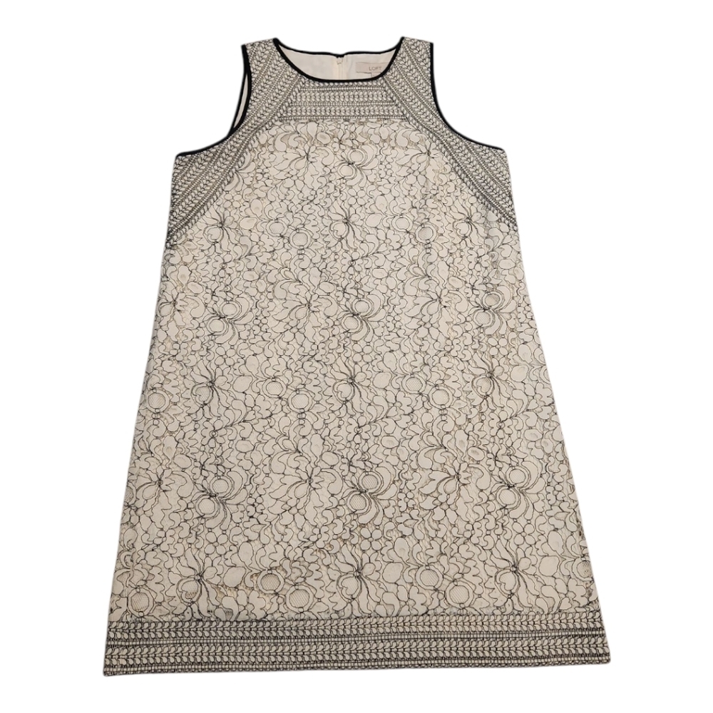 Loft Cream Sleeveless Shift Sheath Dress with Black Lace Overlay Classic Size 12 - Picture 7 of 12